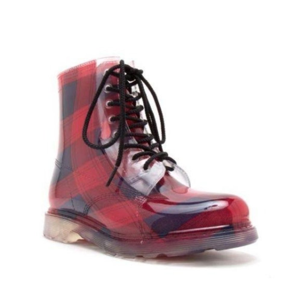!! NEW !! Plaid Lace Up Combat Style Rain Boots - Picture 8 of 11